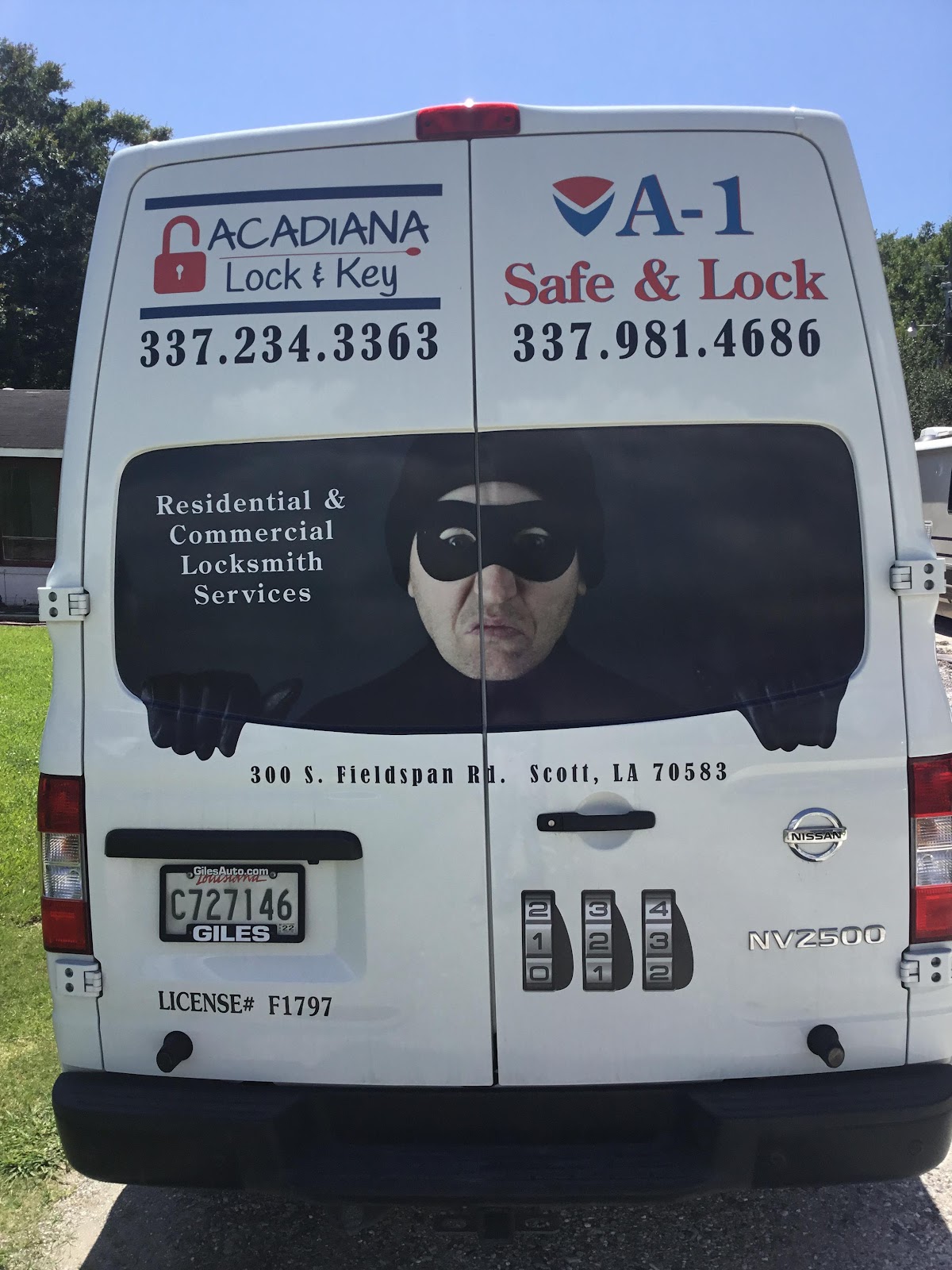 Back of the A-1 Safe & Lock van with the Scott address